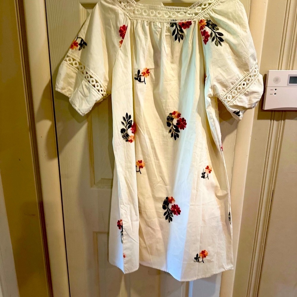 Floral Embroidered Casual Dress - White and Multicolor